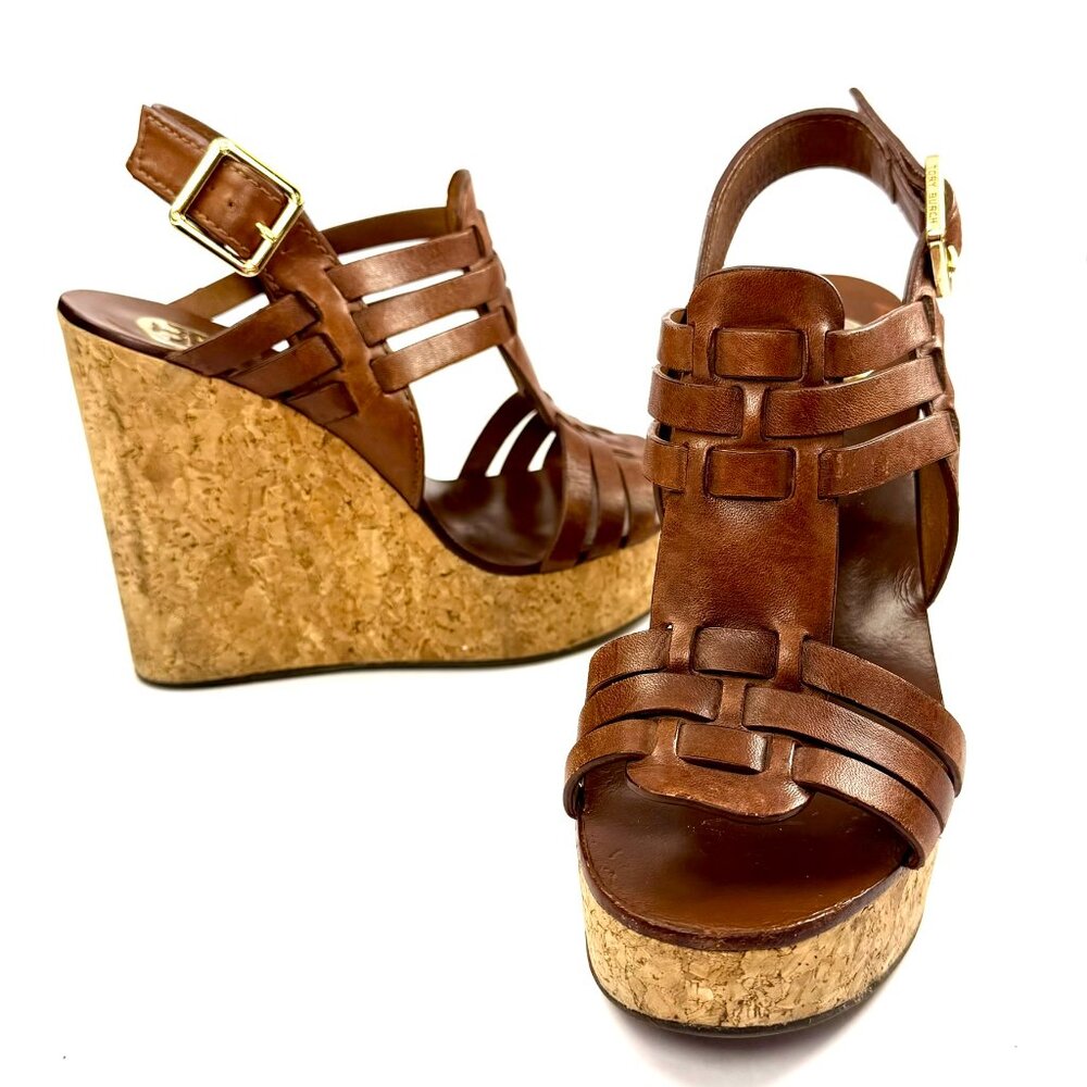 Tory Burch Leslie Sandal Size 6 Brown Leather Cork Platform Wedge